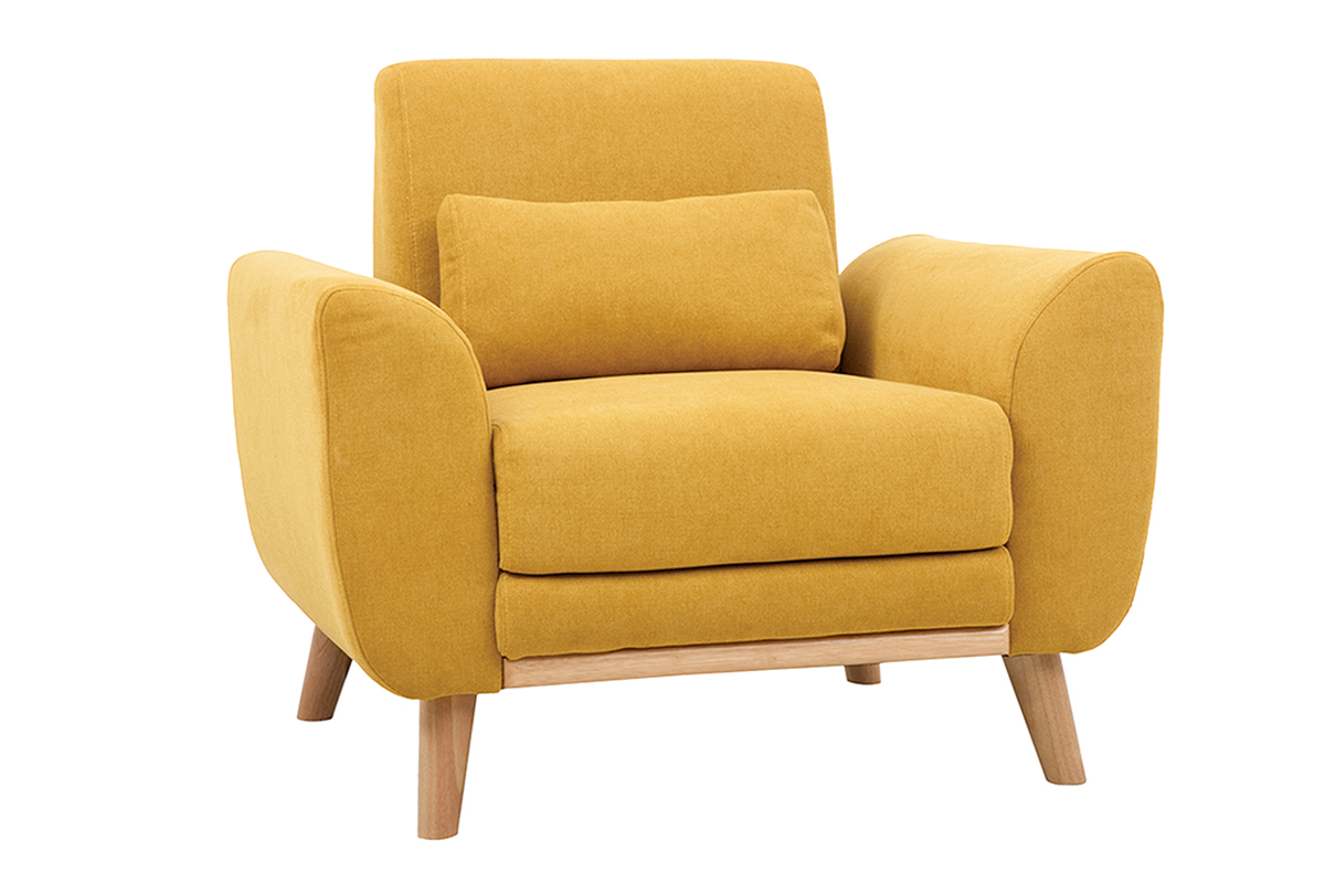 Fauteuil scandinave EKTOR en tissu effet velours jaune moutarde avec coussin, vue de 3/4 sur pieds en bois clair.