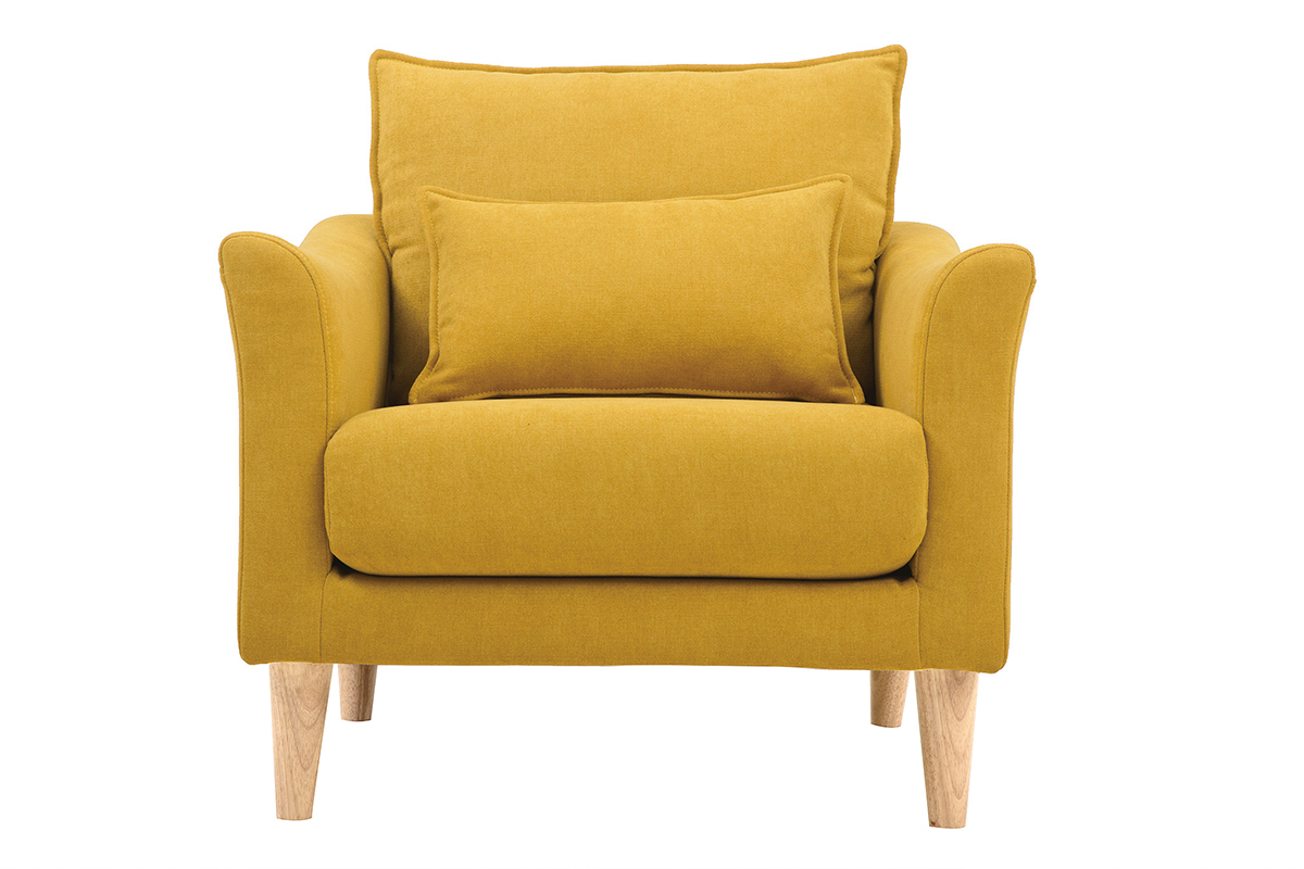 Fauteuil scandinave KATE en tissu velours jaune moutarde avec coussin, vue de face