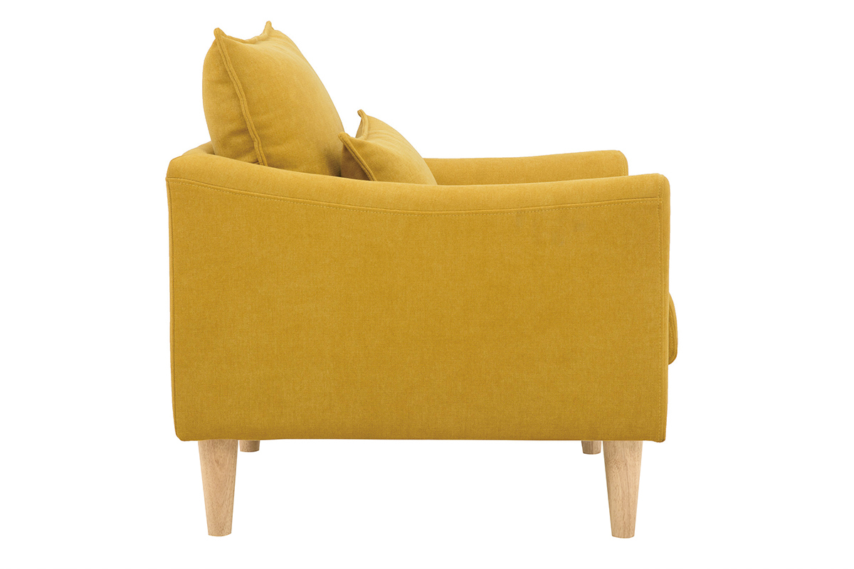 Fauteuil scandinave en tissu velours jaune moutarde vue de profil, avec pieds en bois clair.