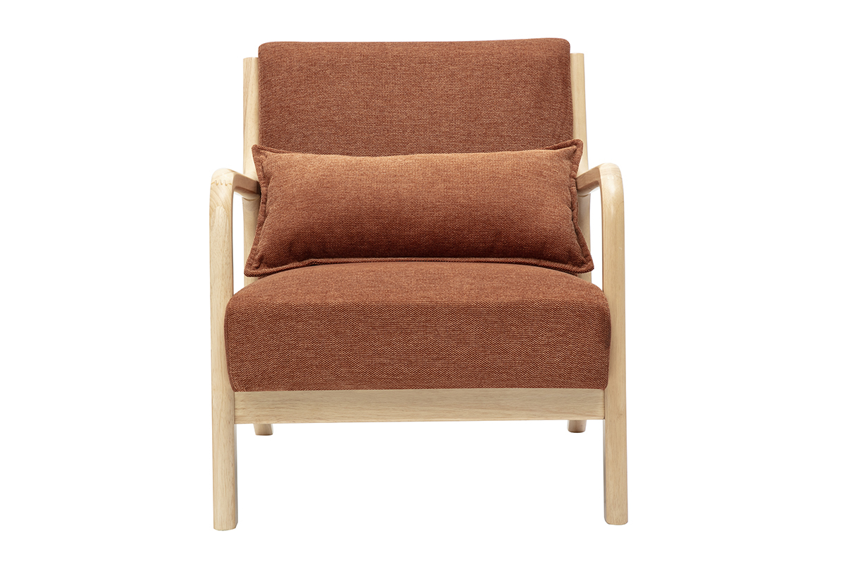 Fauteuil scandinave en tissu effet velours brun-rouge et bois clair, vue de face.