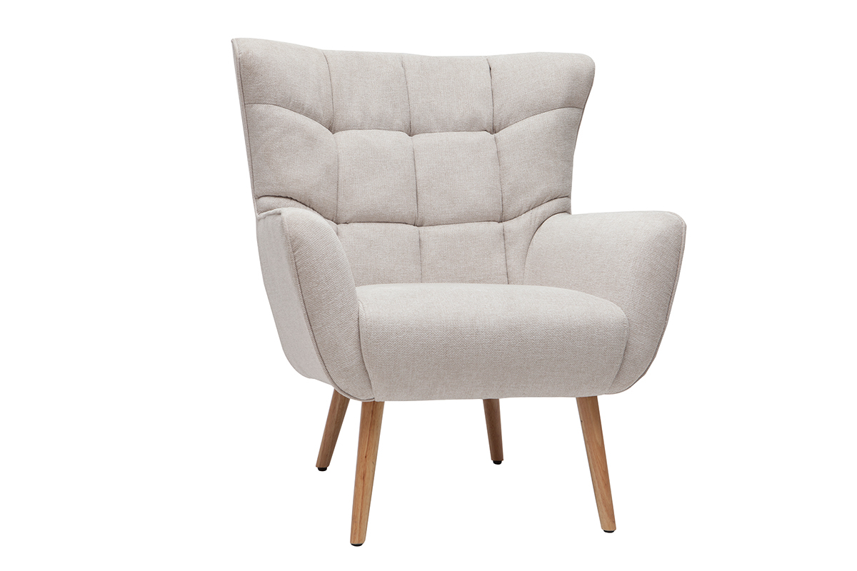 Fauteuil scandinave en tissu effet velours textur� beige et bois clair AVERY