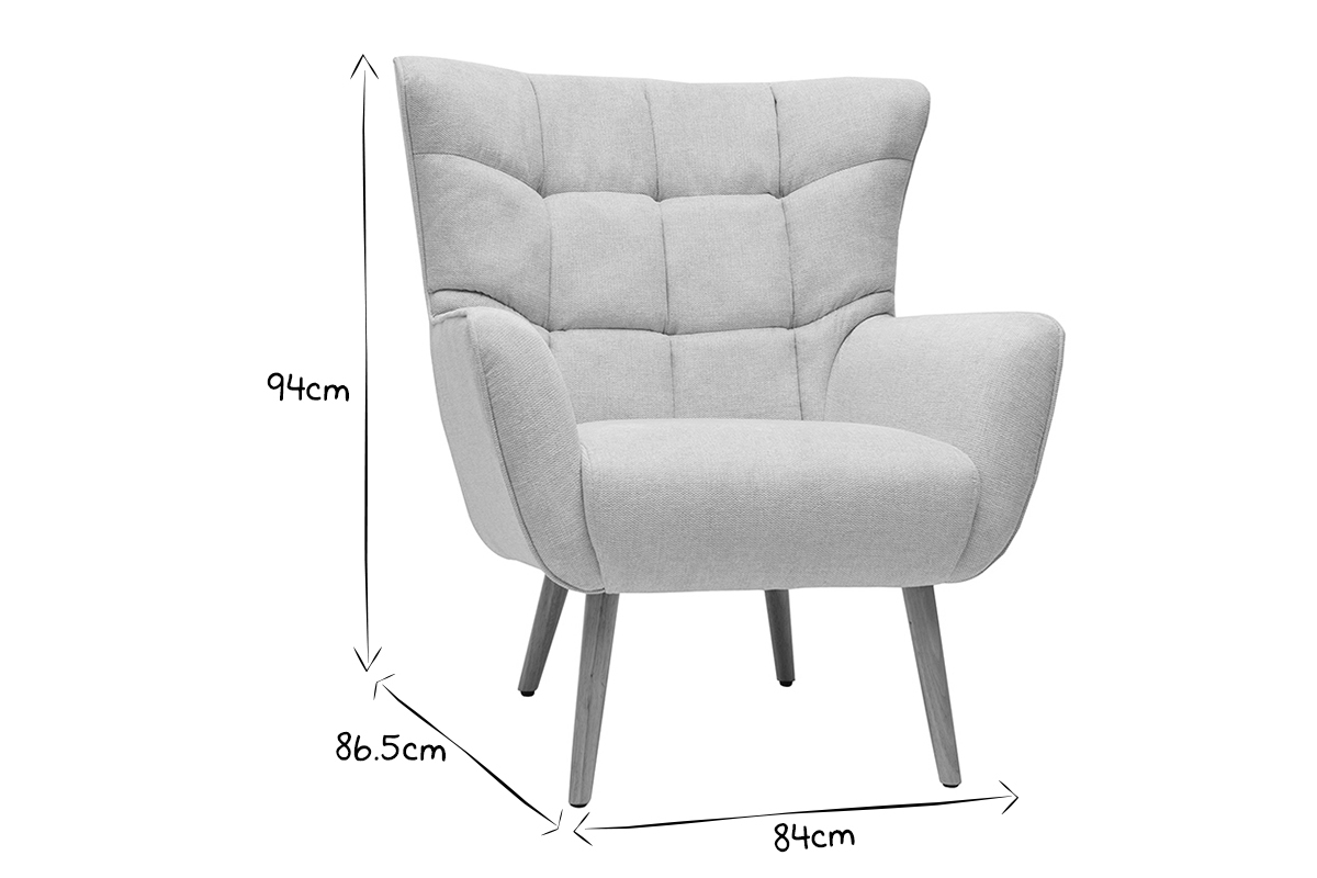 Fauteuil scandinave en tissu effet velours textur� beige et bois clair AVERY
