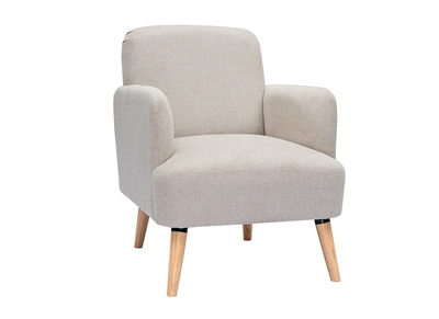 Fauteuil scandinave en tissu effet velours textur&eacute; beige et bois clair ISKO