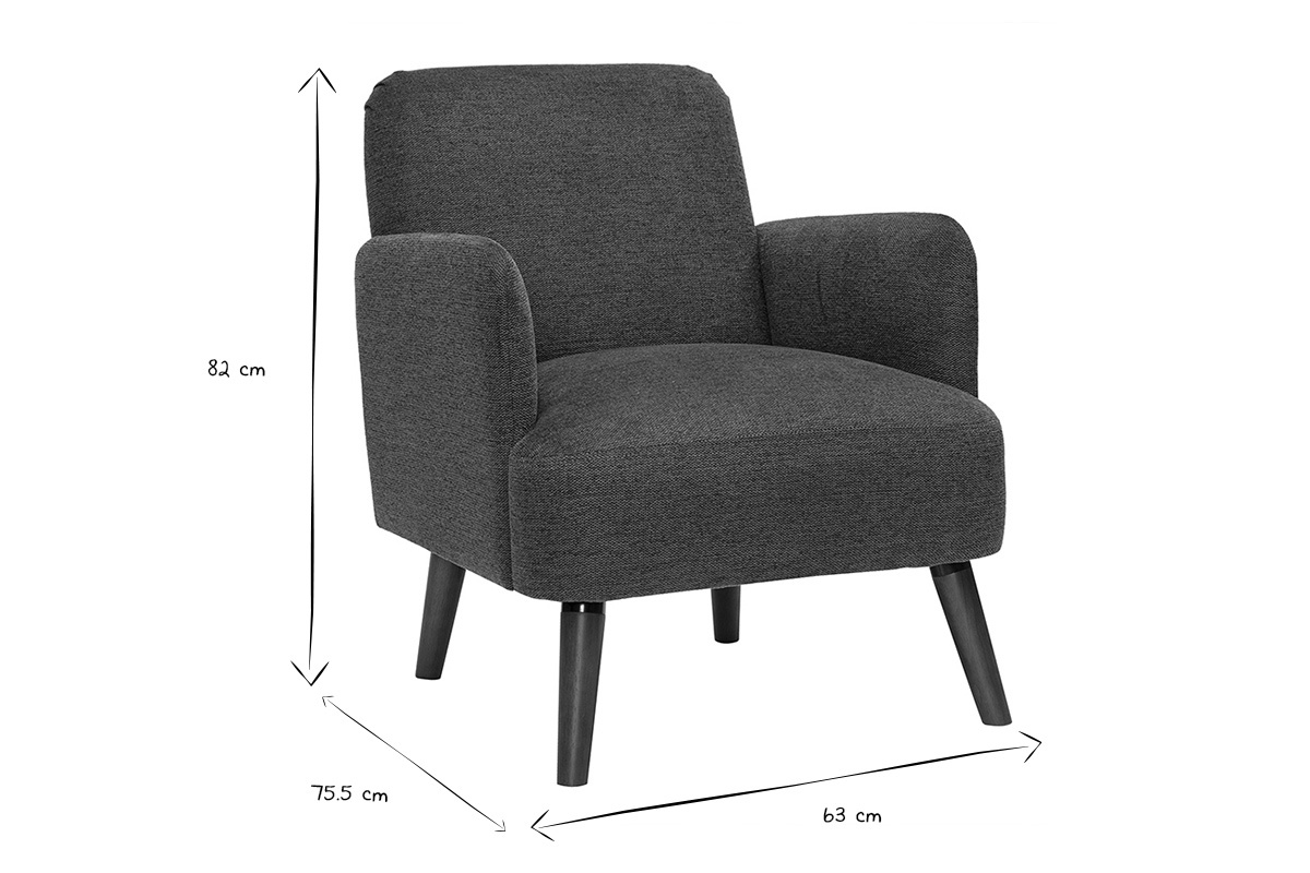 Dimensions en noir et blanc du fauteuil scandinave ISKO: 82 cm x 75,5 cm x 63 cm.
