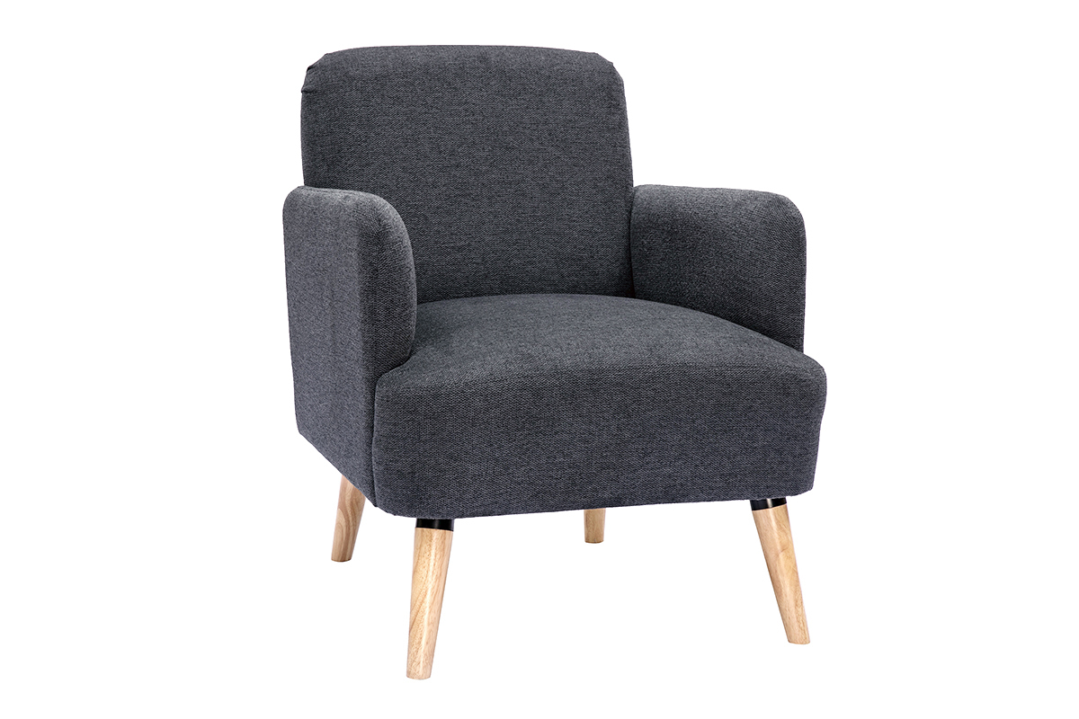 Fauteuil scandinave en tissu effet velours textur� gris fonc� et bois clair ISKO