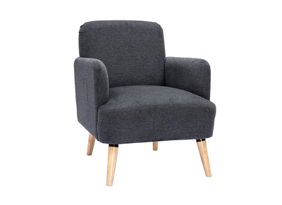 Fauteuil scandinave en tissu effet velours textur&eacute; gris fonc&eacute; et bois clair ISKO