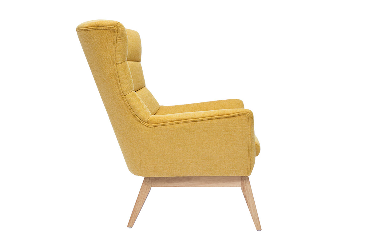 Fauteuil scandinave en tissu effet velours textur� jaune moutarde et bois clair BRODY