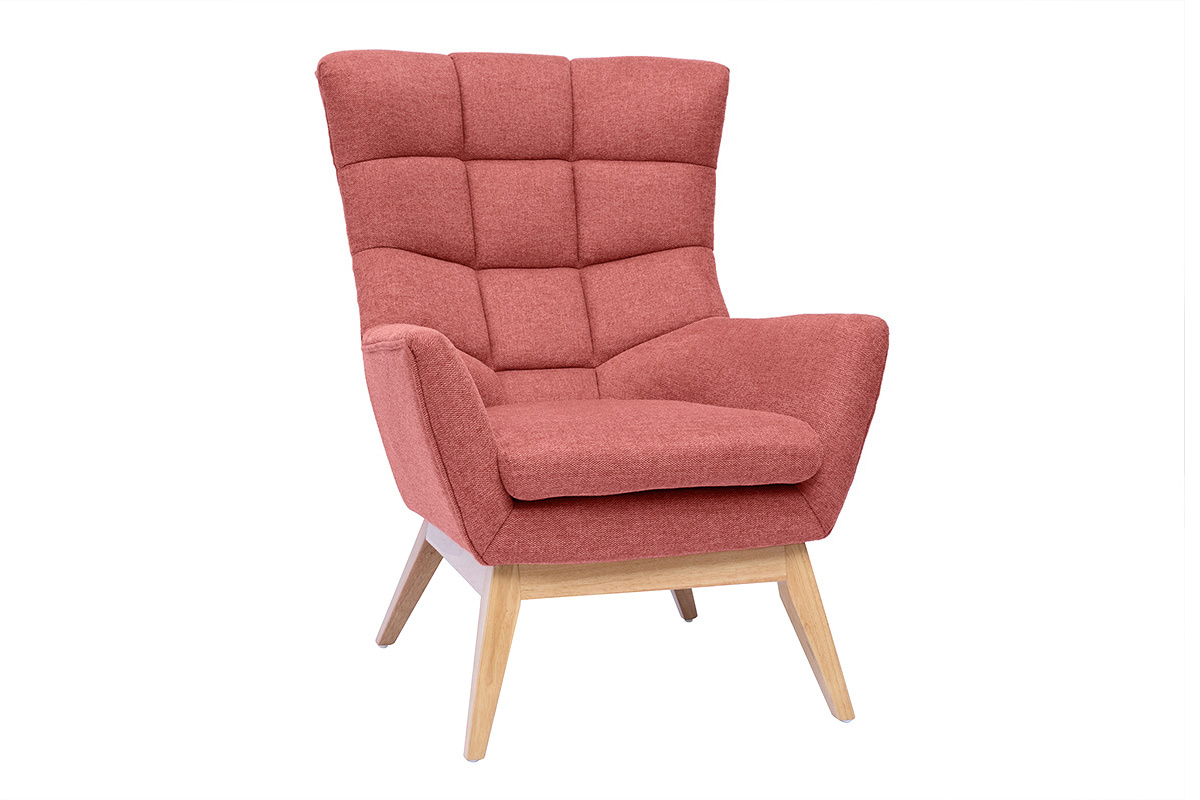 Fauteuil scandinave en tissu effet velours textur� terracotta et bois clair BRODY