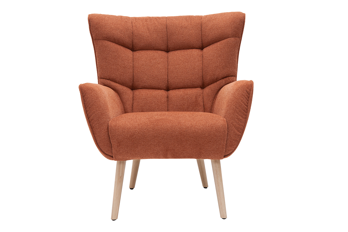 Fauteuil scandinave en tissu effet velours textur� terre br�l�e et bois clair AVERY
