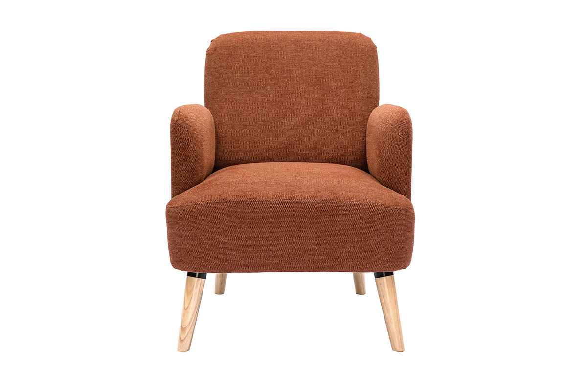 Fauteuil scandinave en tissu velours terre br�l�e et pieds en bois clair, vue de face.