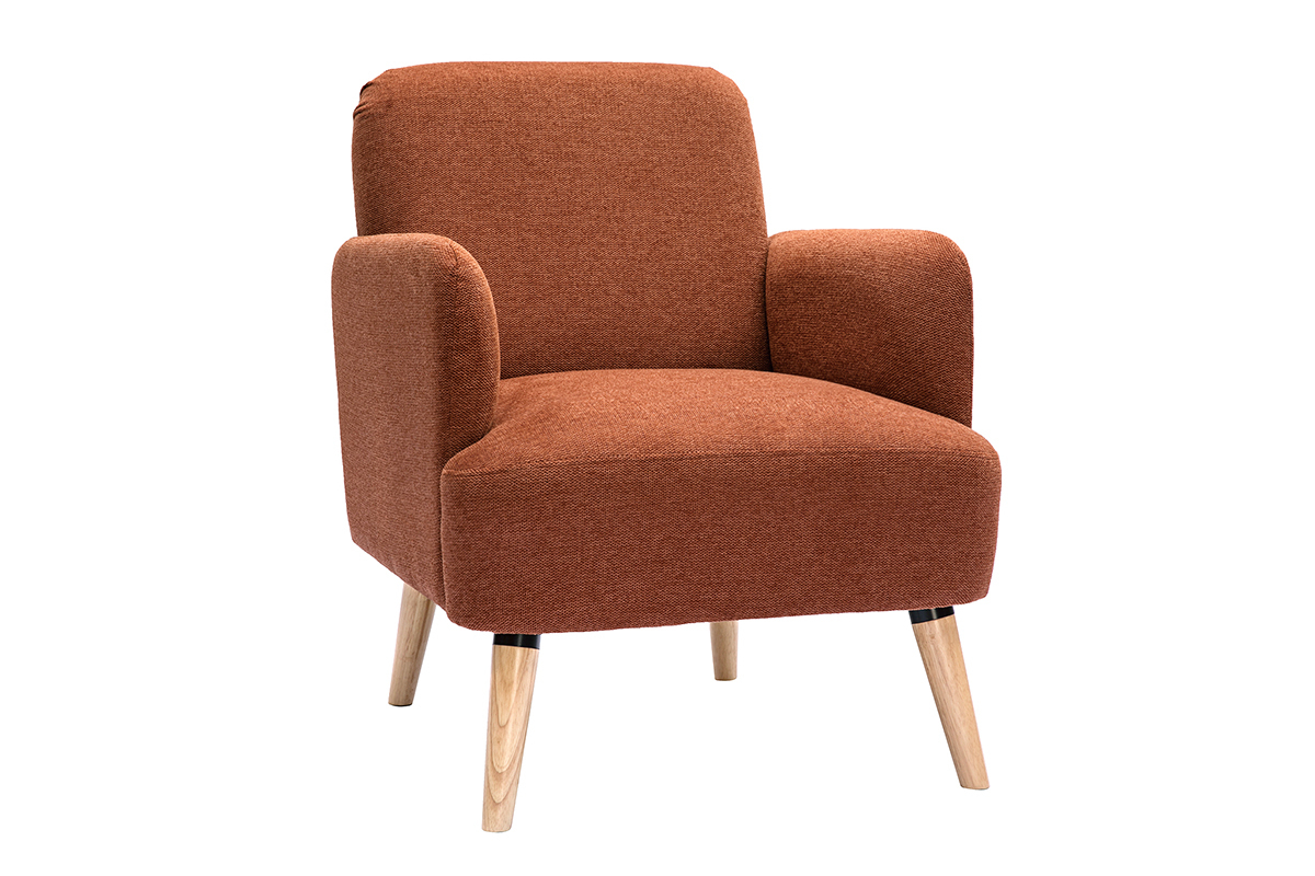 Fauteuil scandinave en tissu terre br�l�e et pieds en bois, vue de 3/4.