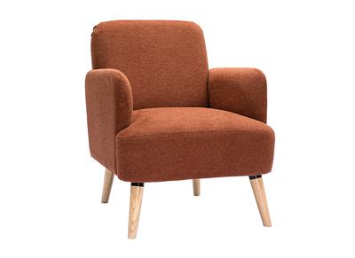 Fauteuil scandinave en tissu effet velours textur&eacute; terre br&ucirc;l&eacute;e et bois clair ISKO