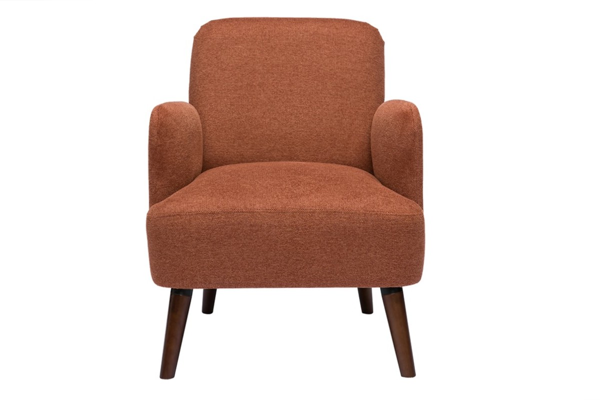 Fauteuil scandinave en tissu effet velours textur� terre br�l�e et bois fonc� ISKO