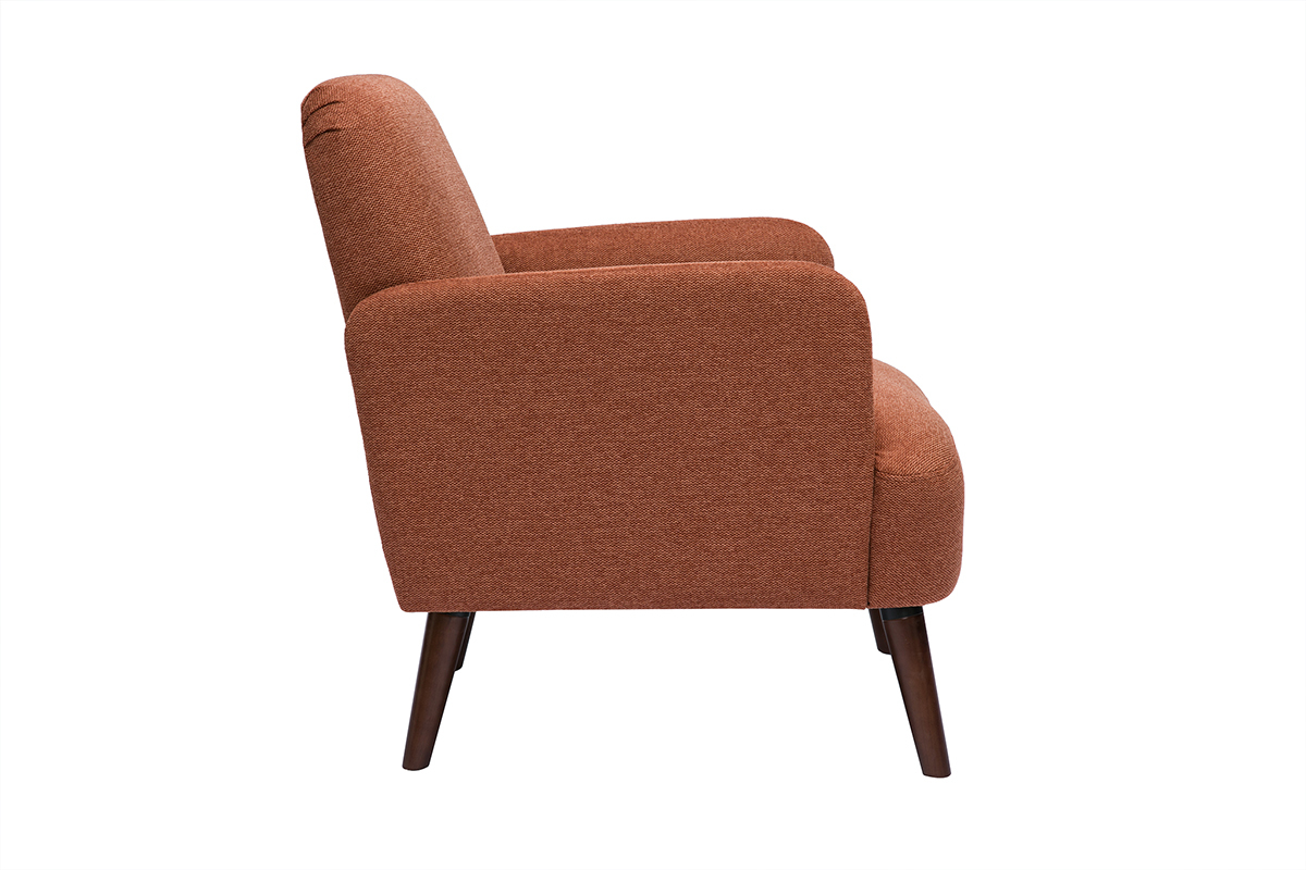 Fauteuil scandinave en tissu effet velours textur� terre br�l�e et bois fonc� ISKO