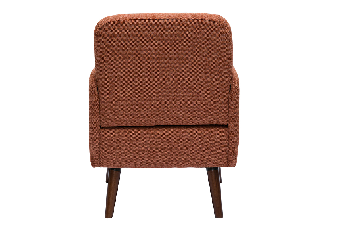 Fauteuil scandinave en tissu effet velours textur� terre br�l�e et bois fonc� ISKO