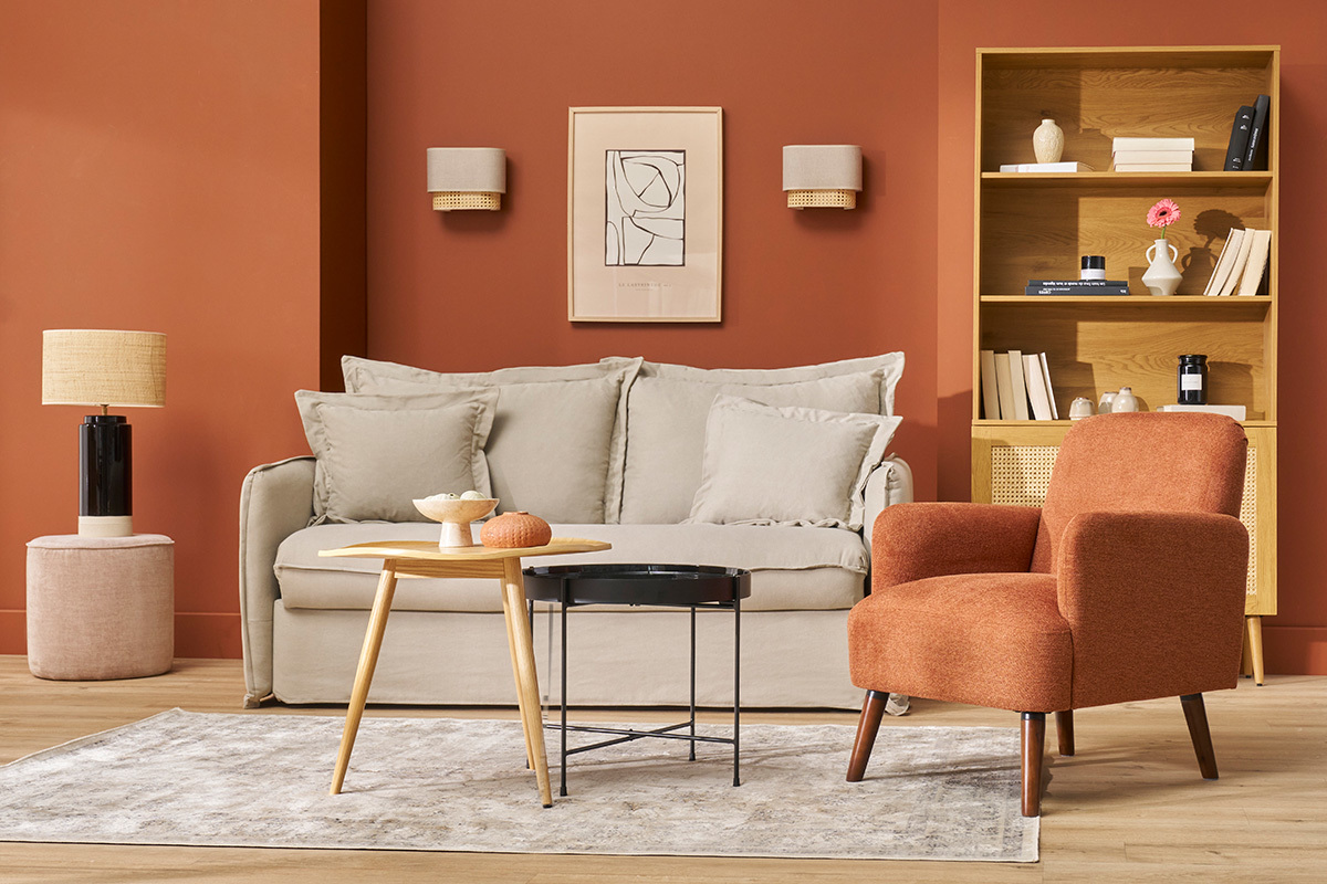 Fauteuil scandinave en tissu effet velours textur� terre br�l�e et bois fonc� ISKO
