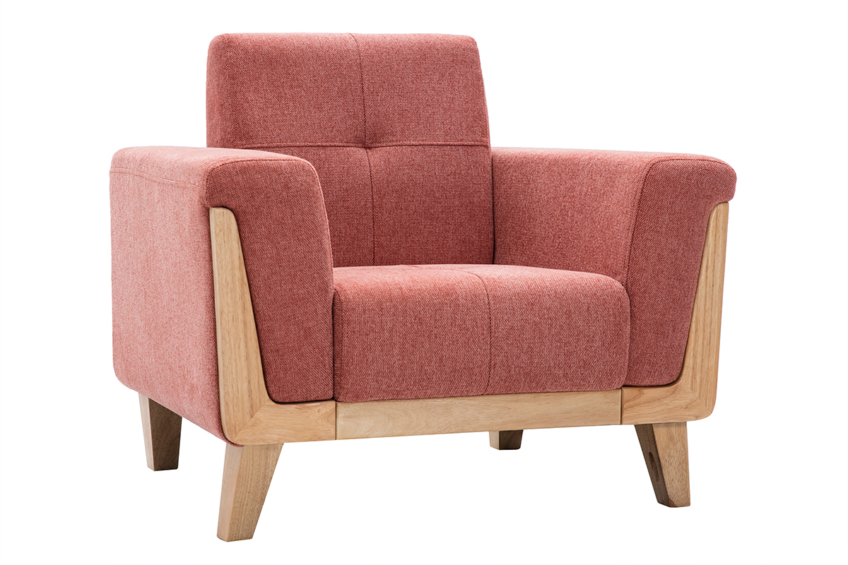 Fauteuil scandinave en tissu terracotta avec structure en bois clair, vue de 3/4.