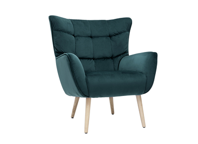 Fauteuil scandinave en tissu velours bleu p&eacute;trole et bois clair AVERY