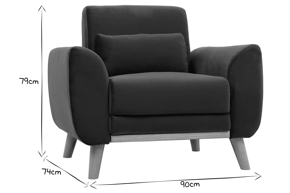 Dimensions fauteuil scandinave EKTOR : 79cm de hauteur, 74cm de profondeur, 90cm de largeur en noir et blanc.