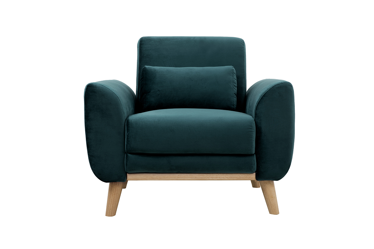 Fauteuil scandinave EKTOR en velours bleu p�trole, vue de face, avec accoudoirs et coussin d'appoint.