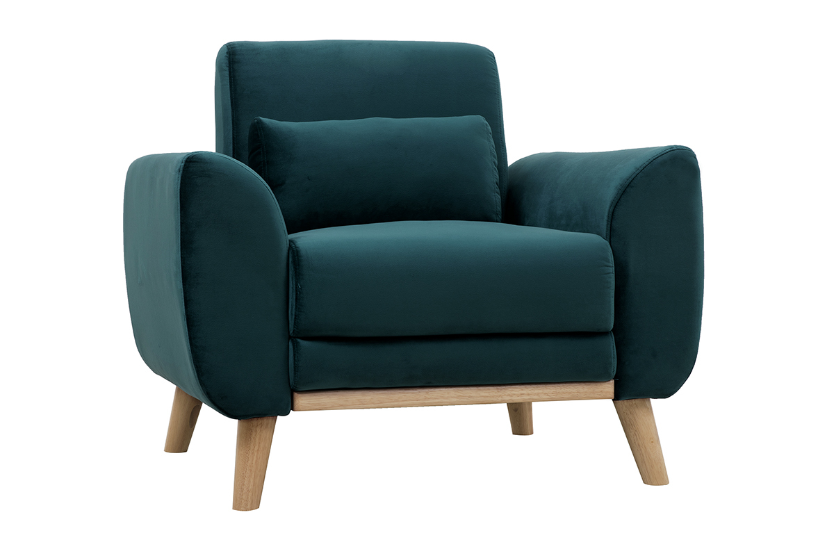 Fauteuil scandinave EKTOR en tissu velours bleu p�trole avec pi�tement en bois clair, vue de 3/4