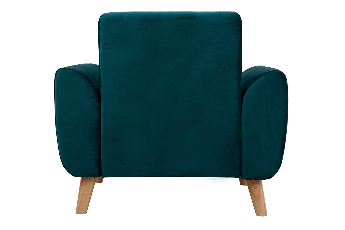 Fauteuil scandinave EKTOR en velours bleu p�trole, vue de dos avec pi�tement en bois clair.
