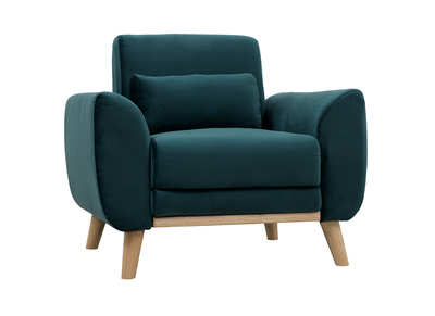Fauteuil scandinave en tissu velours bleu p&eacute;trole et bois clair EKTOR