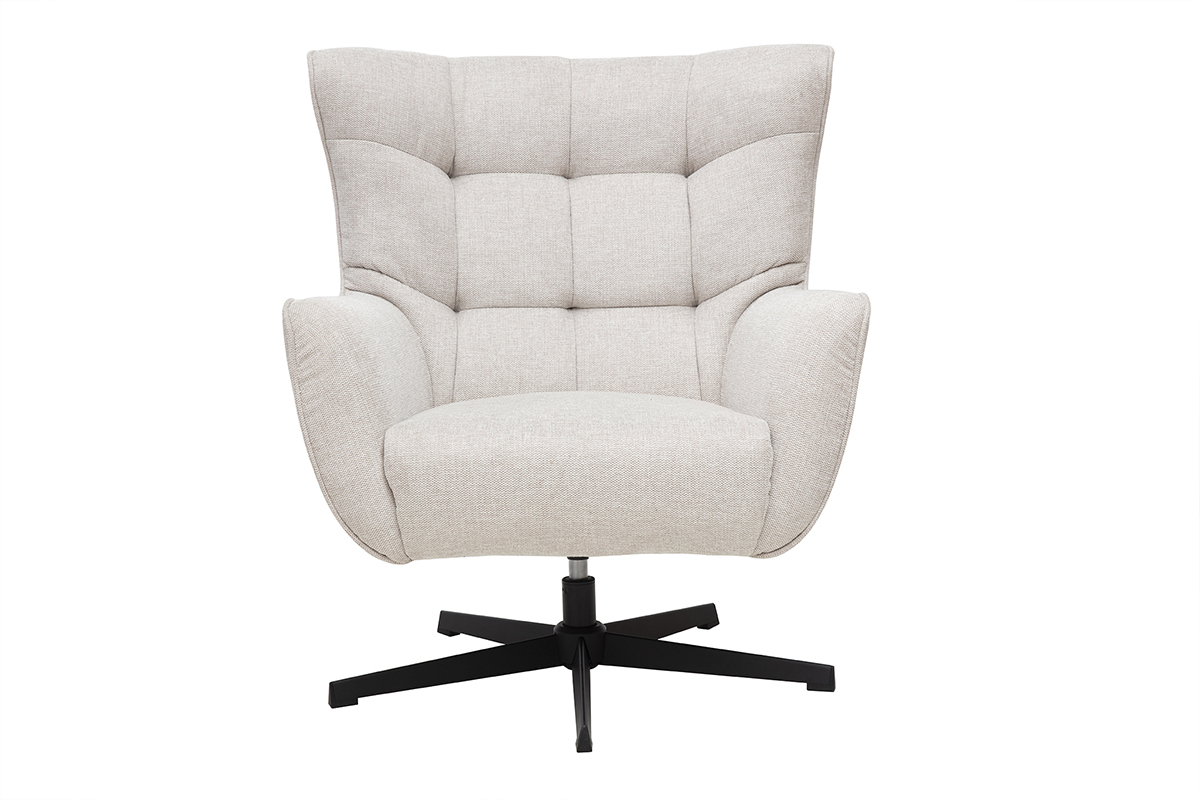 Fauteuil scandinave pivotant beige avec pi�tement en m�tal noir, vue de face.