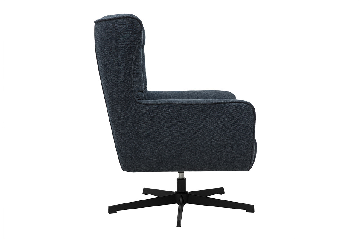 Fauteuil pivotant bleu fonc� en tissu et m�tal, vue de c�t�.