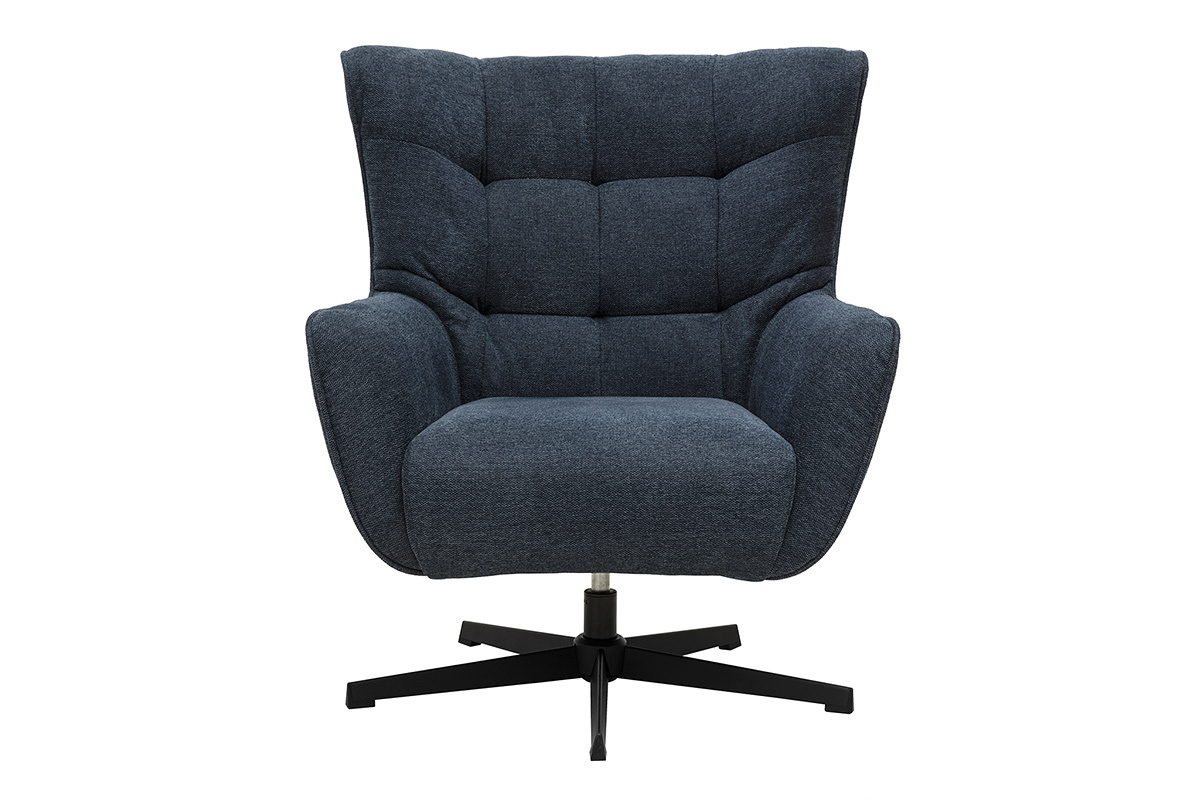 Fauteuil scandinave bleu fonc�, vue de face, pieds en m�tal noir.