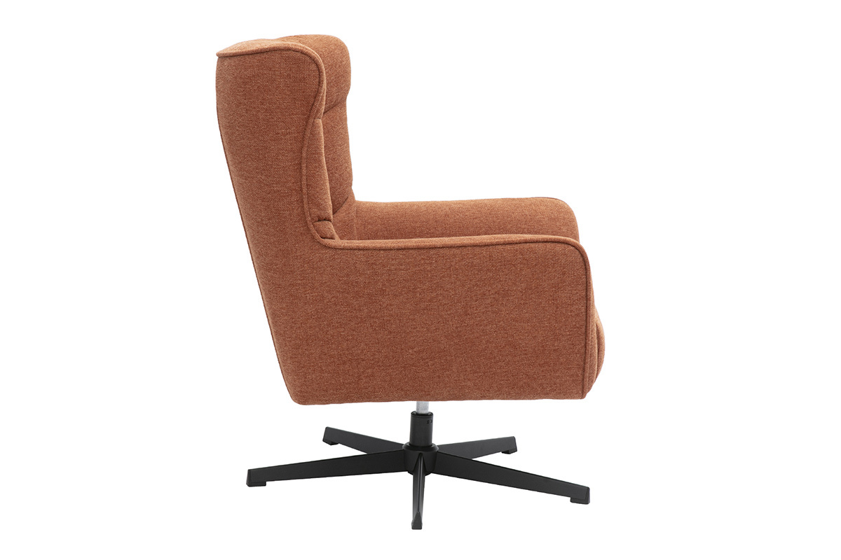 Fauteuil scandinave en tissu terre br�l�e, vue de c�t�, pieds m�tal noir.
