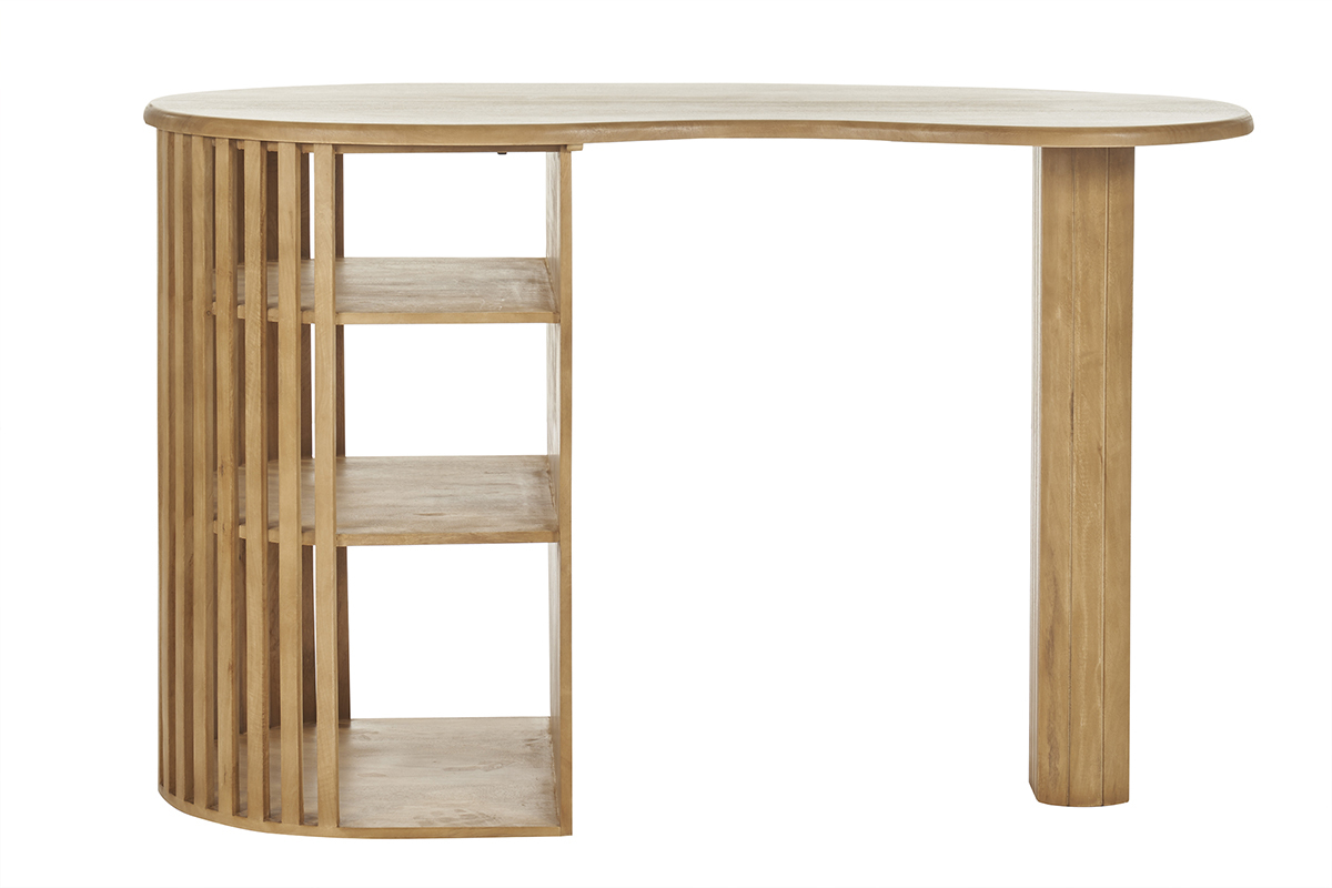 Table de bar en bois manguier avec �tag�res lat�rales ouvertes, vue de face.