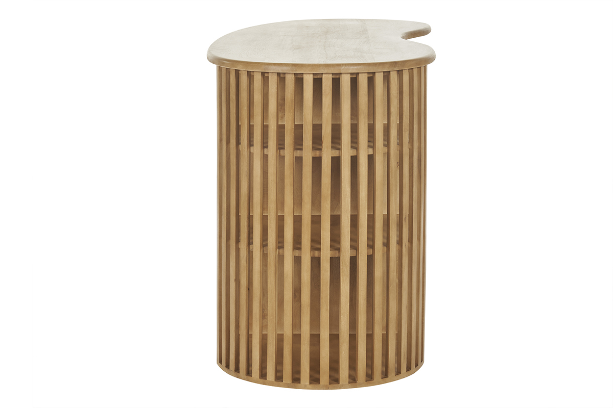 Table de bar ronde en bois manguier avec �tag�res visibles, vue de c�t�.