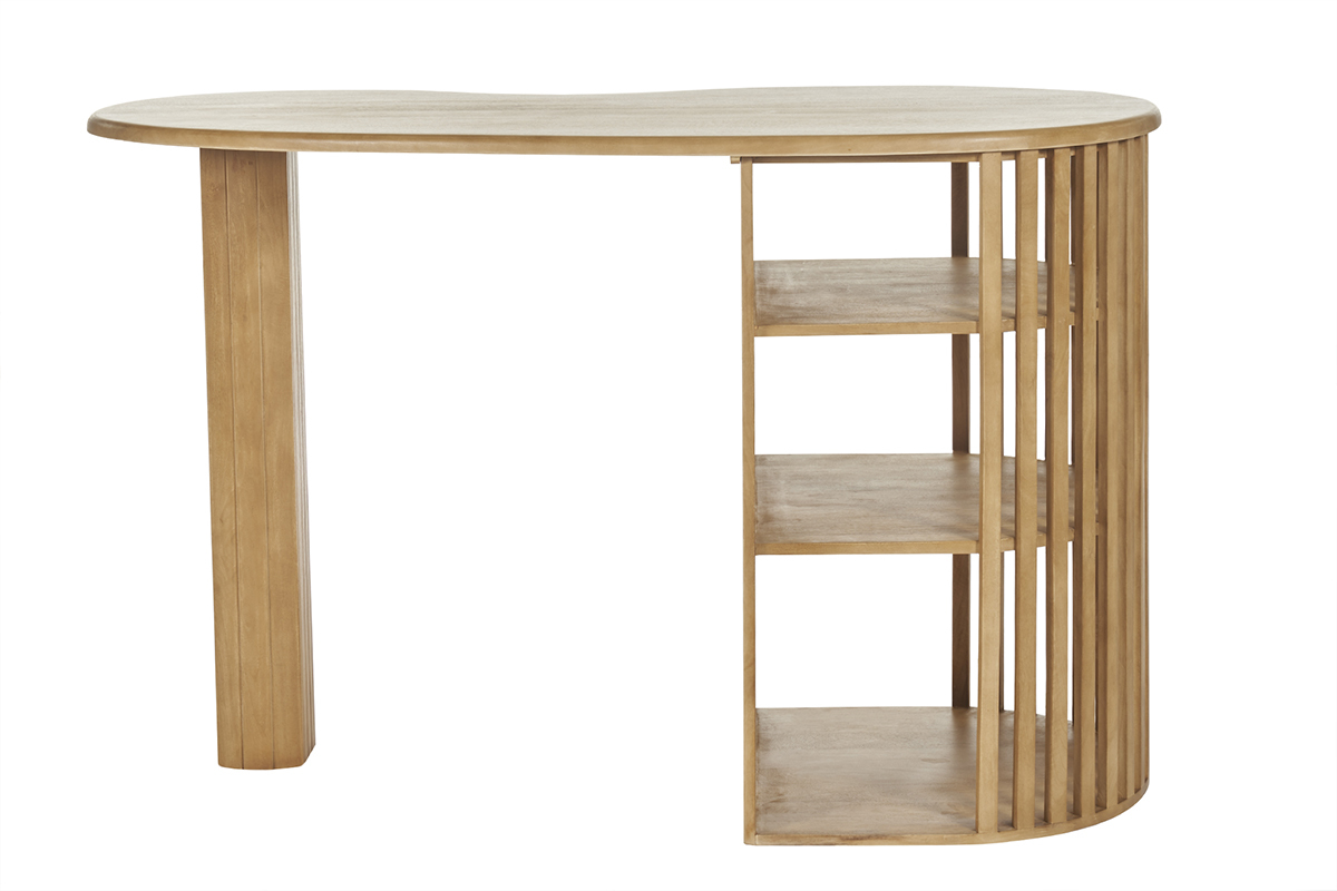 Table de bar en bois de manguier avec �tag�res int�gr�es, vue de dos.