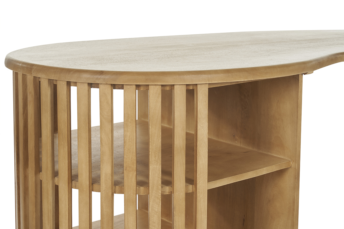 D�tail d'une table de bar en bois avec �tag�res lat�rales et plateau arrondi.