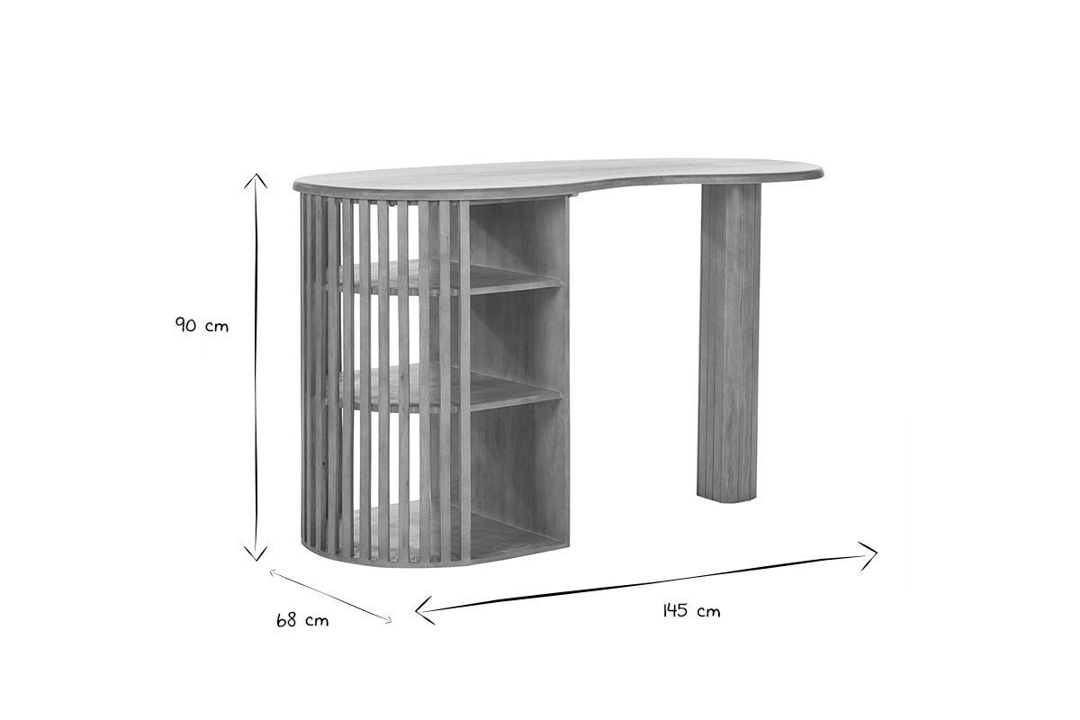 Dimensions de l'�lot de bar en bois manguier massif, H90 x L145 x P68 cm, en noir et blanc.