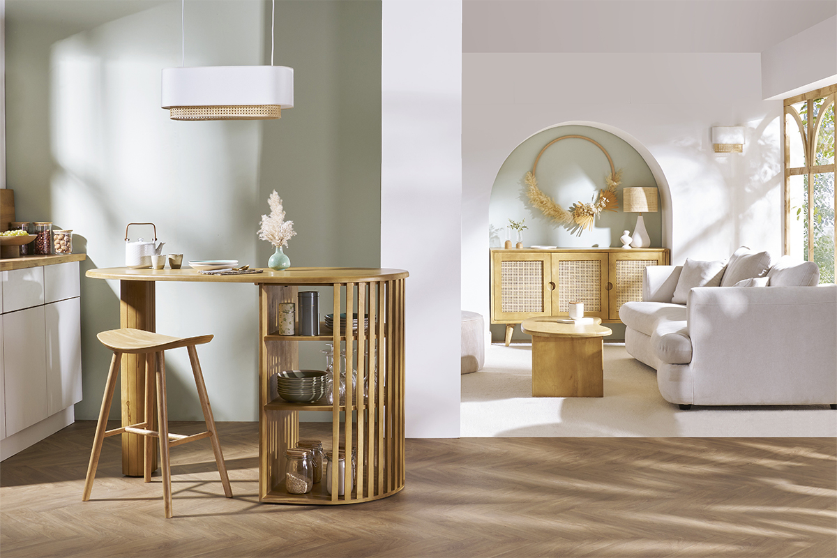 Table de bar en bois manguier massif avec rangements, vue int�rieure, H90 cm.