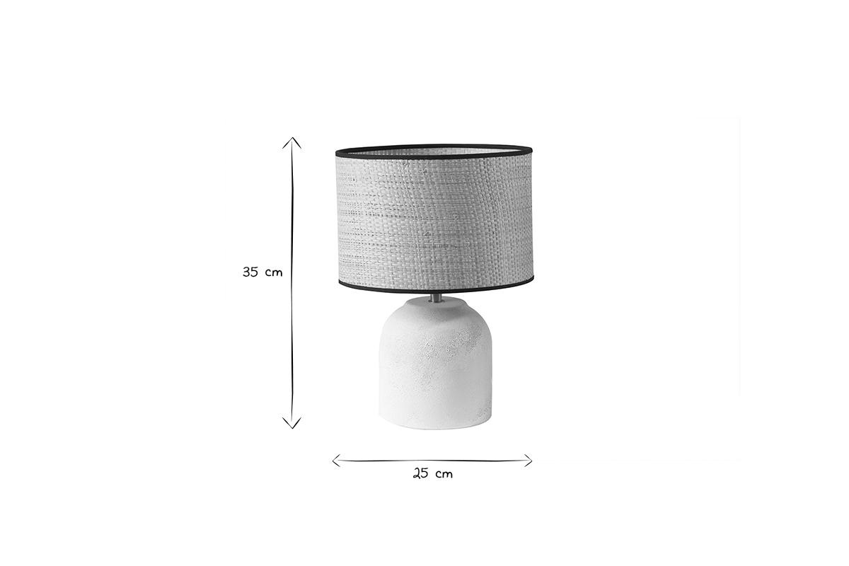 Dimensions lampe en c�ramique effet pierre, H35 x L25 cm, abat-jour en raphia, noir et blanc.