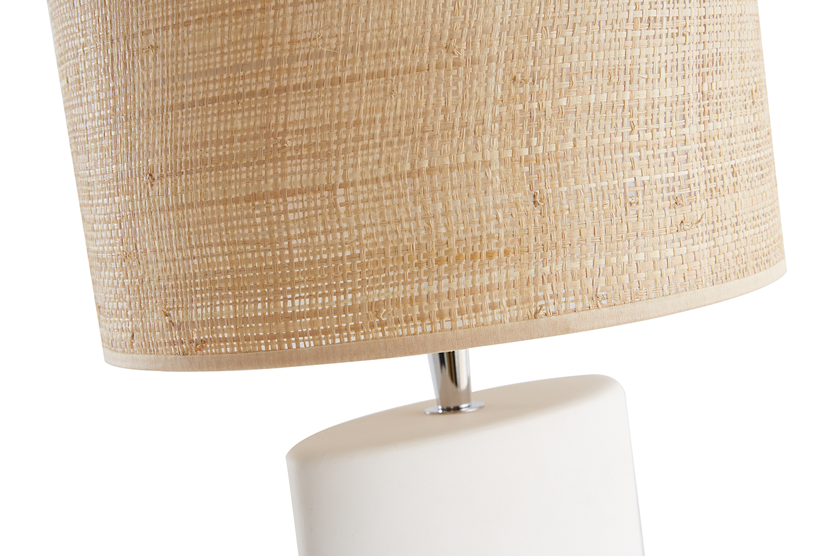 Lampe � poser en c�ramique blanc mat et abat-jour en raphia naturel H40 cm TIGA