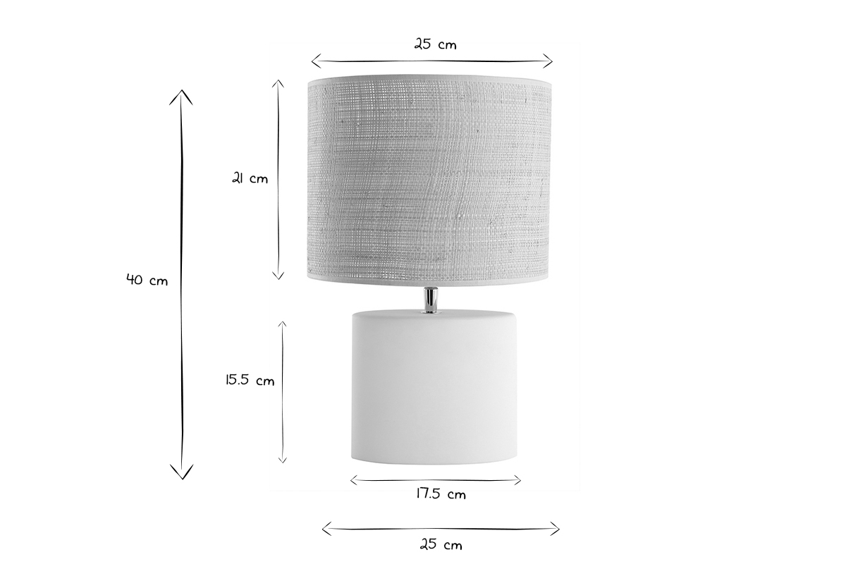 Lampe � poser en c�ramique blanc mat et abat-jour en raphia naturel H40 cm TIGA