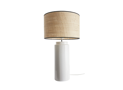 Lampe &agrave; poser en c&eacute;ramique &eacute;maill&eacute;e blanche et abat-jour en raphia naturel H64 cm MAJES