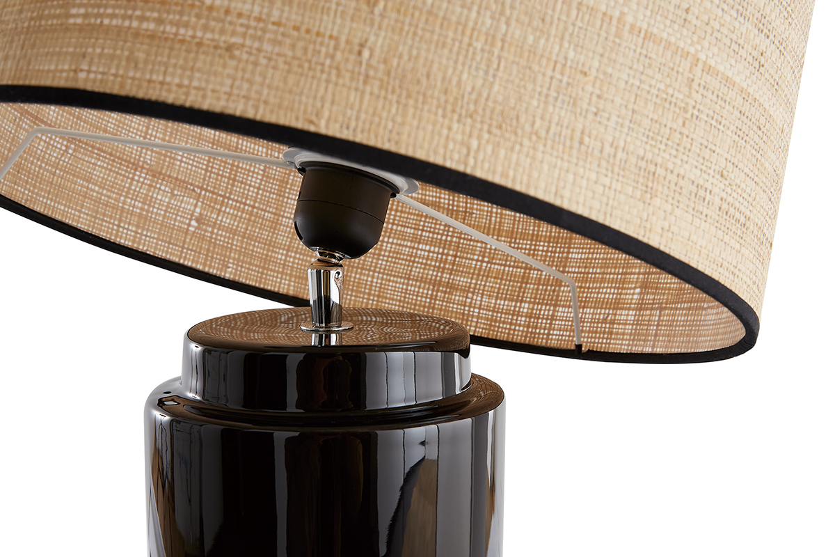 Lampe � poser en c�ramique �maill�e noire et abat-jour en raphia naturel H64 cm MAJES