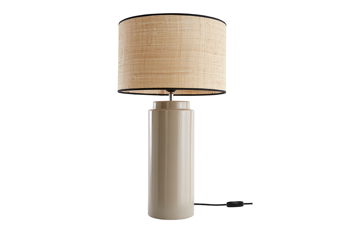 Lampe � poser en c�ramique �maill�e taupe et abat-jour en raphia naturel H64 cm MAJES