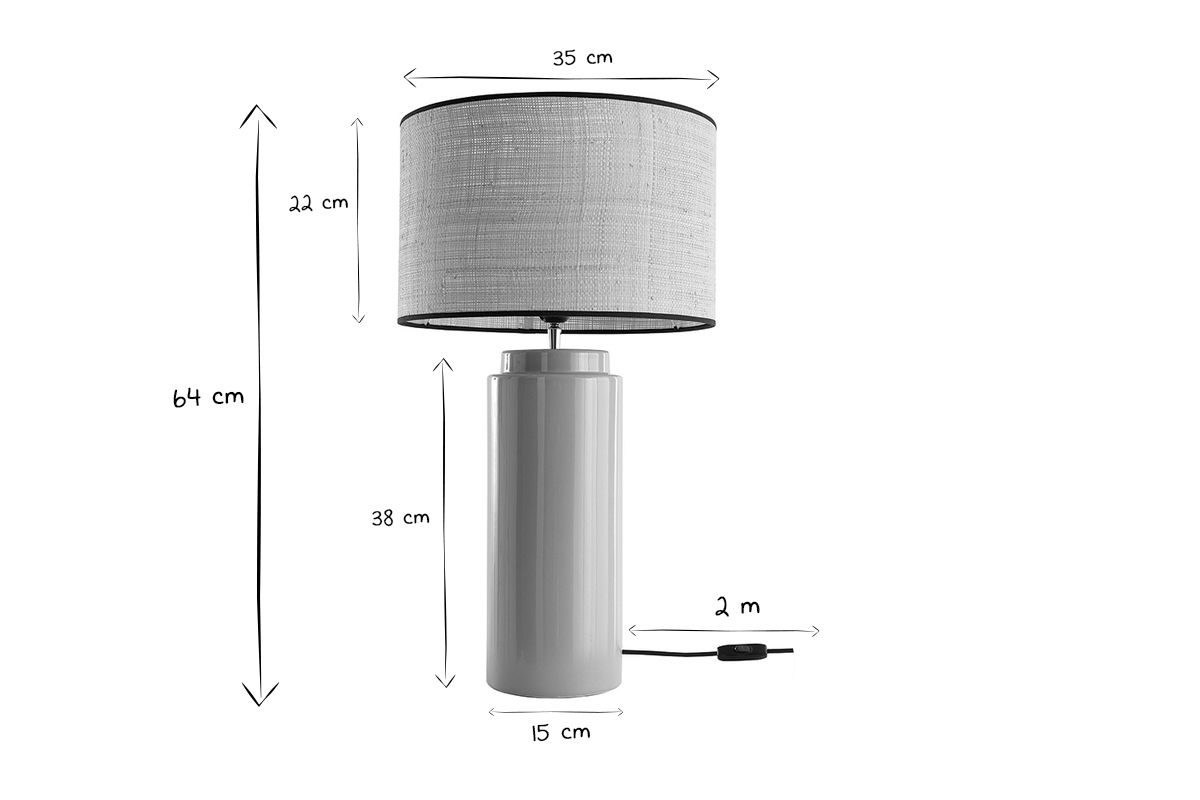 Lampe � poser en c�ramique �maill�e taupe et abat-jour en raphia naturel H64 cm MAJES