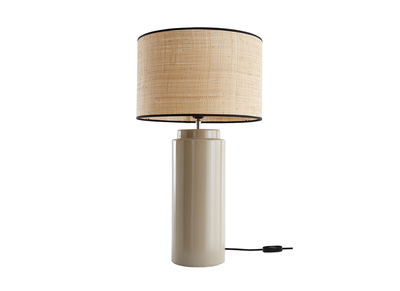 Lampe &agrave; poser en c&eacute;ramique &eacute;maill&eacute;e taupe et abat-jour en raphia naturel H64 cm MAJES