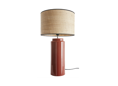 Lampe &agrave; poser en c&eacute;ramique &eacute;maill&eacute;e terracotta et abat-jour en raphia naturel H64 cm MAJES