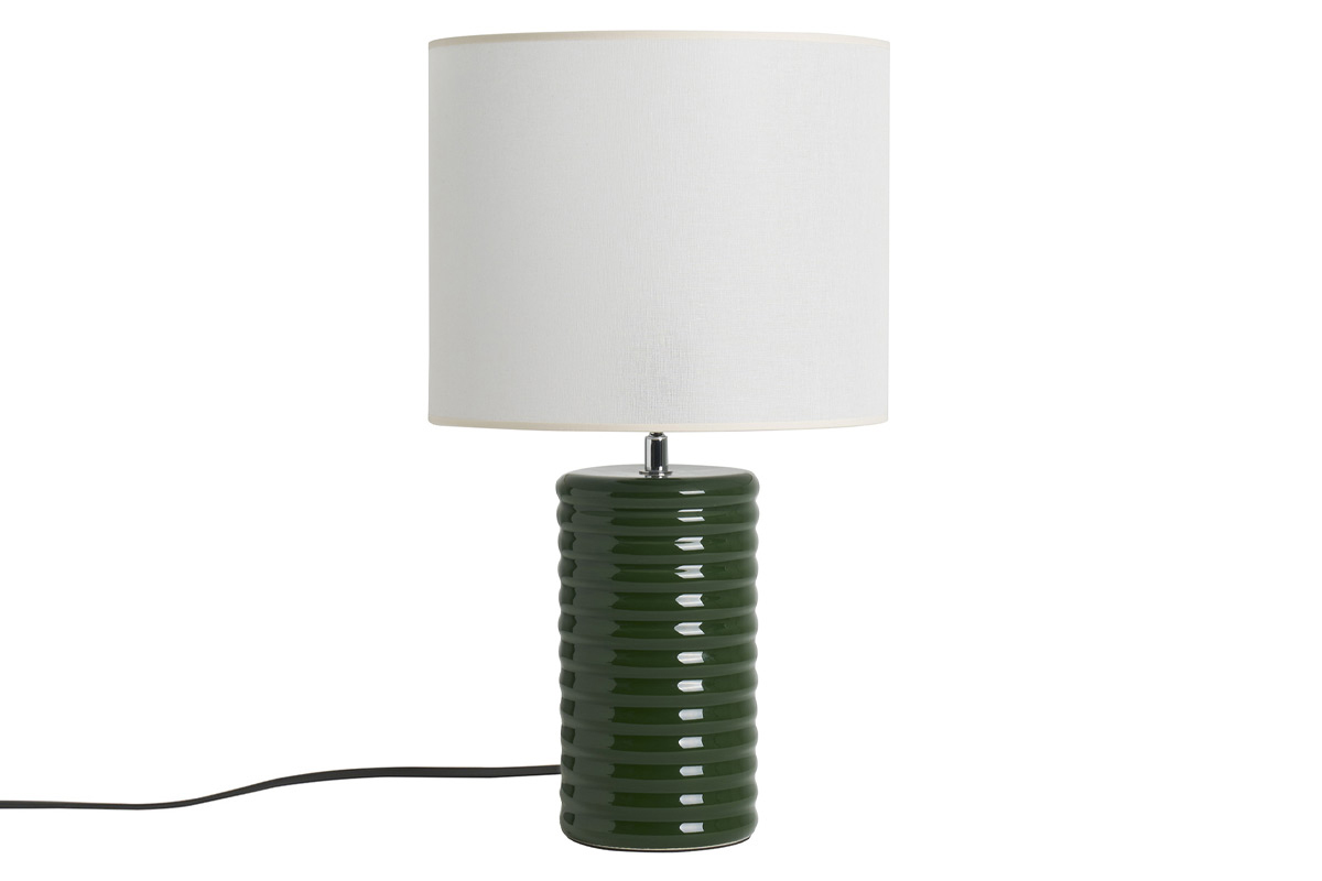 Lampe � poser en c�ramique �maill�e verte avec abat-jour �cru, vue de face, H53 cm.