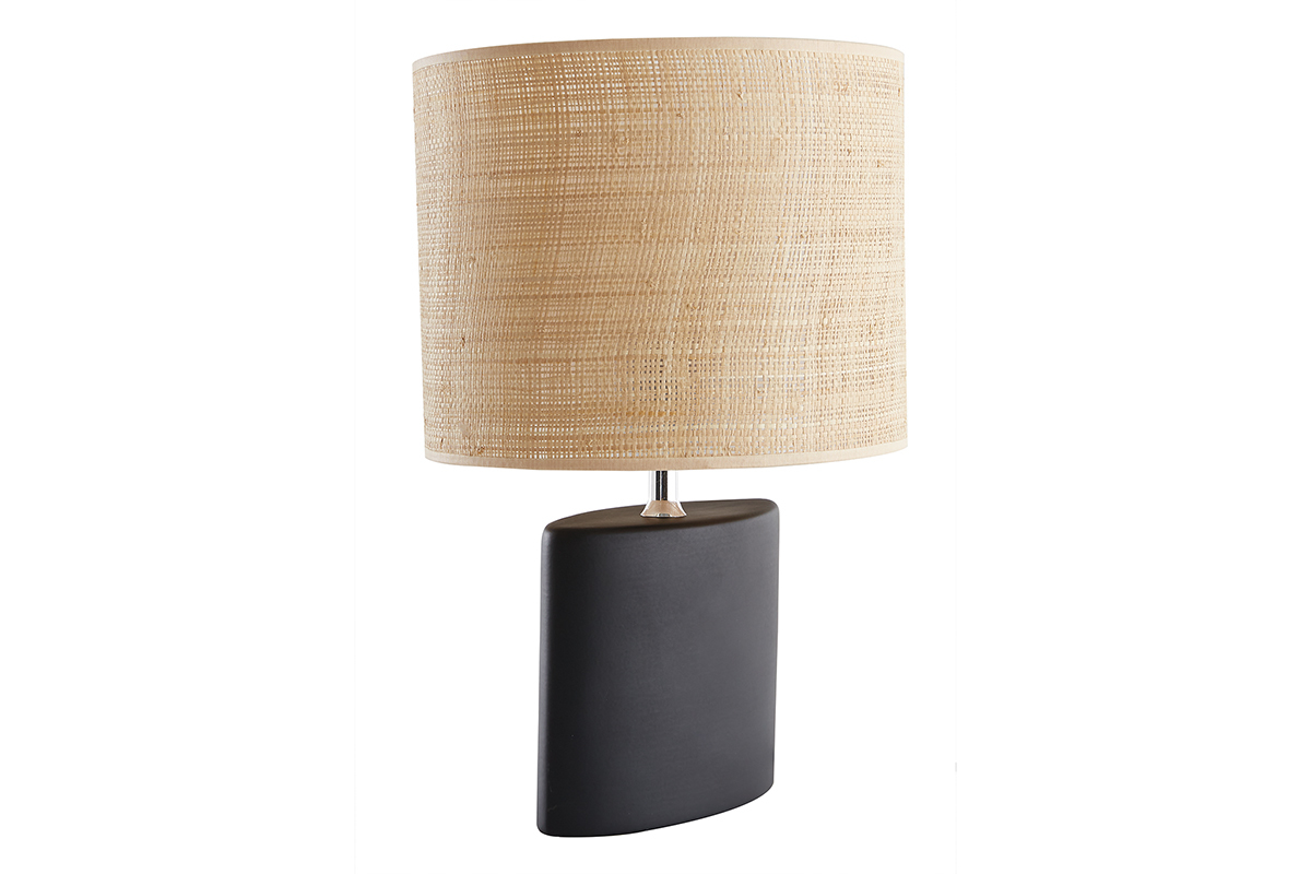 Lampe � poser en c�ramique noire mat et abat-jour en raphia naturel H40 cm TIGA