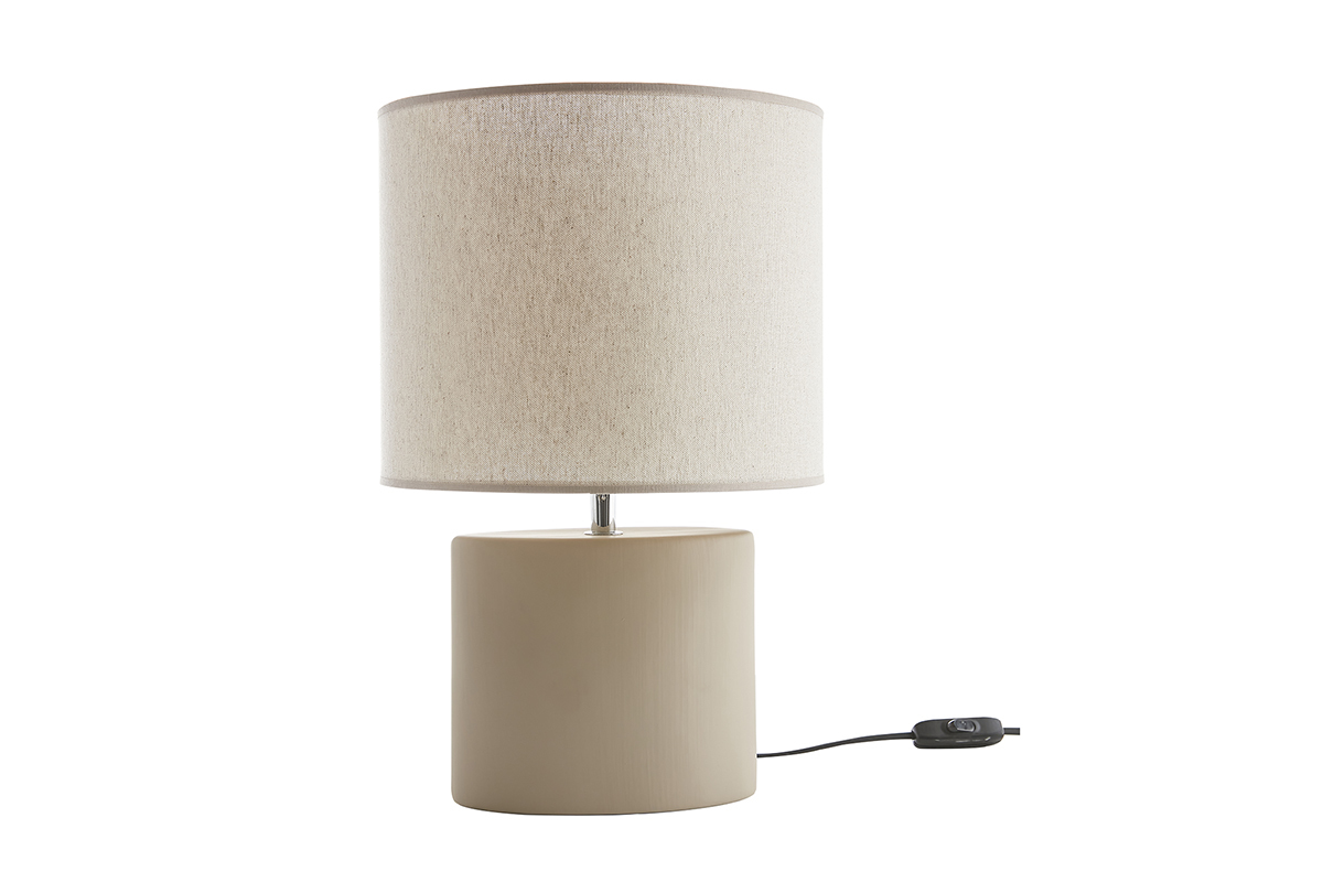 Lampe � poser en c�ramique taupe mat et abat-jour en lin naturel TIGA