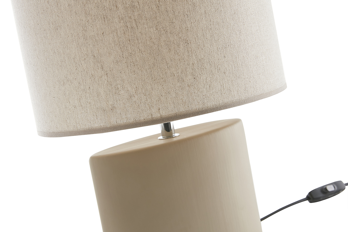Lampe � poser en c�ramique taupe mat et abat-jour en lin naturel TIGA